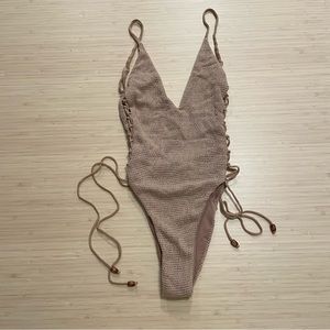 Blue life brown crochet lace up sides one piece xs